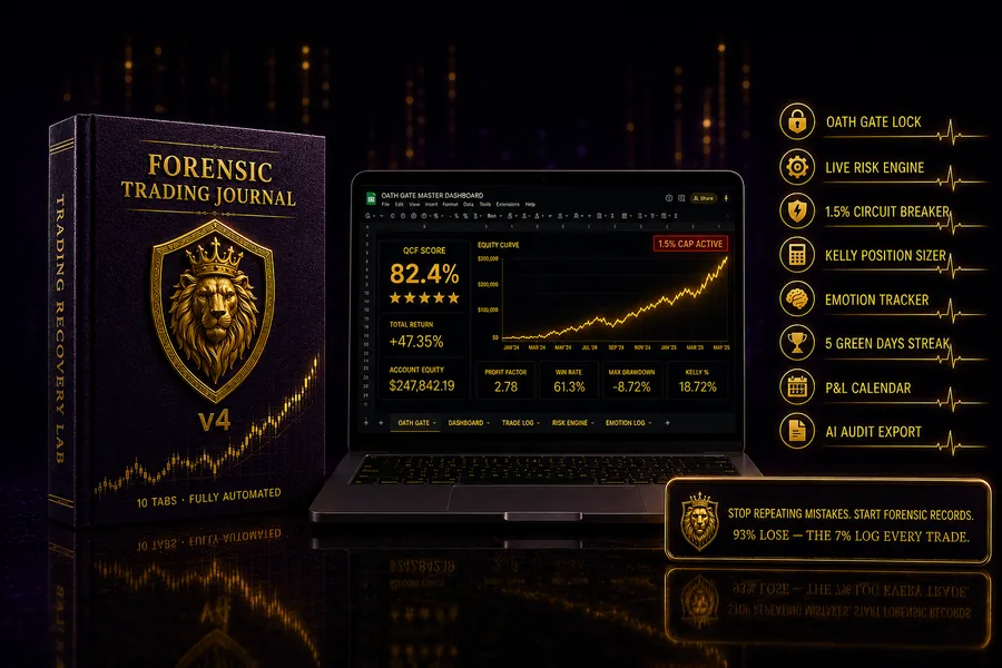 Forensic Trading Journal v4 — purple box and laptop showing automated 10-tab dashboard